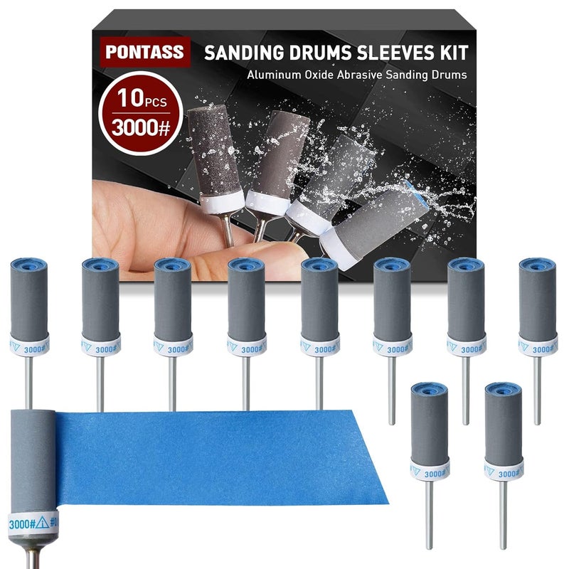 PONTASS 10Pcs 3000 Grit Sanding Drums Sandpaper Sticks Set with 1/8"(3mm) Shank for Dremel Rotary Tool, Suitable for Metal Rust Removal/Jade Polishing/Stone Grinding - Image 1
